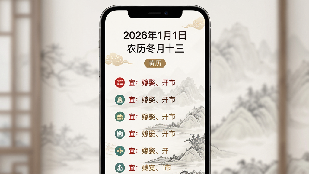 ���壺AI�������Ļ����˼�չʾҳ�棬�ֻ���Ļ��ʾ��2026��1��1�� ũ������ʮ�������˼��б����С��ˣ���Ȣ�����С��Ⱥ�ɫ���������֣���Ļ���У����������������е��ŵ�ˮīɽˮ�����Ű棺�������У��ص���Ϣ�ò�ͬ��ɫ���֡�����й������ִ���Լ��ϣ����Ŵ�����ϸ�ڣ������·��С���������ǩ���˼���Ŀ��ͼ�ꡣ���ʣ�������Ⱦ���ɾ����޶���Ԫ�ء�