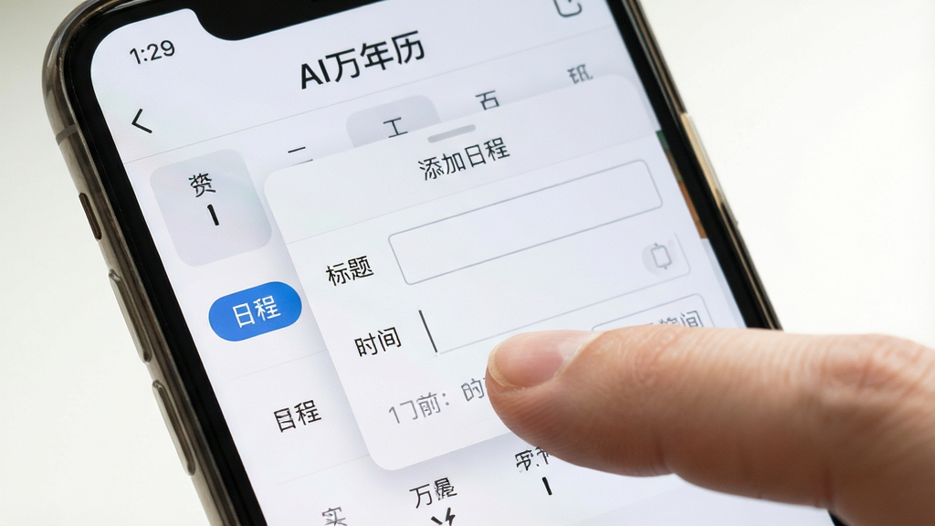 ���壺AI���������ֻ��ϵĲ�����ʾ����ָ�����Ļ�ϵġ��ճ̡���ť�����浯�������ճ̵Ĵ��ڡ����֣��ֻ���Ļ��д����ָλ����Ļ���롣�Ű棺��������������·����ȷ�������ʵ���������񣬹���������ϸ�ڣ���Ļ��ʾ��AI�����������������ճ̴����С����⡱��ʱ�䡱����򡣻��ʣ����壬�ɾ����޶���Ԫ�ء�