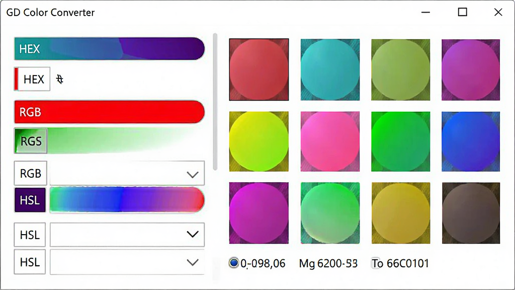 GD Color Converter�����������ͼ��չʾһ����������Ĺ��ߴ��ڣ����Ϊ��ɫ�������򣬰���HEX��RGB��HSL��������Ҳ�ʵʱ��ʾת�������ɫԤ��ɫ��Ͷ�Ӧ����ɫ���룬���岼��������ɫ�����ޣ�����ɾ��޶���Ԫ�أ����ʸ��塣