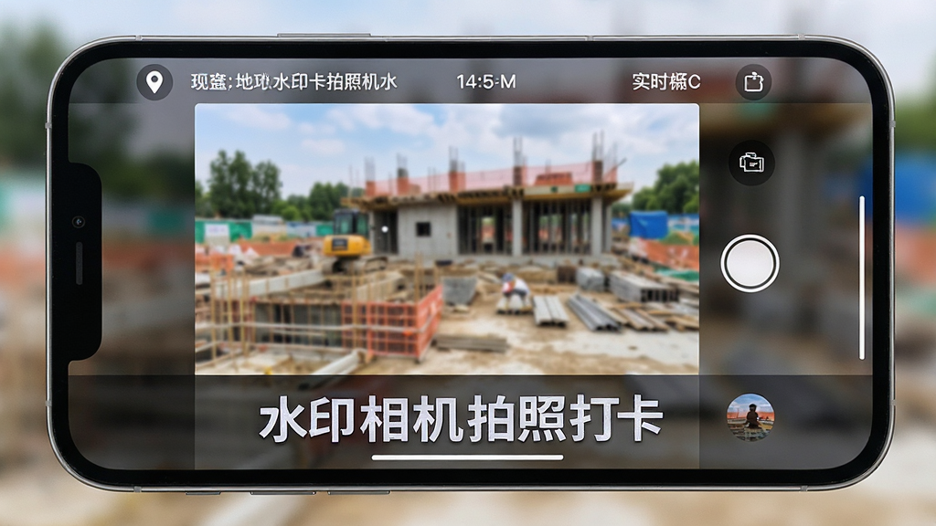 一张智能手机横屏展示水印相机拍照打卡主界面的高清预览图,手机屏幕内清晰显示拍照预览画面,画面底部有醒目的“水印相机拍照打卡”字样,顶部显示当前定位地址和实时时间,界面风格简洁明亮,按钮布局合理,背景为虚化的户外施工现场,整体风格写实,画质清晰,干净无多余元素
