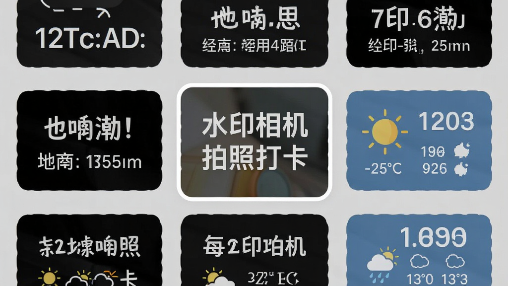 水印相机拍照打卡软件的水印样式选择界面,屏幕上展示多种水印模板缩略图,包括时间地点、经纬度、天气信息等组合,中间高亮选中一个包含“水印相机拍照打卡”文字的水印样式,界面背景为浅灰色,排版整齐,风格简洁,细节丰富,画质清晰,干净无多余元素