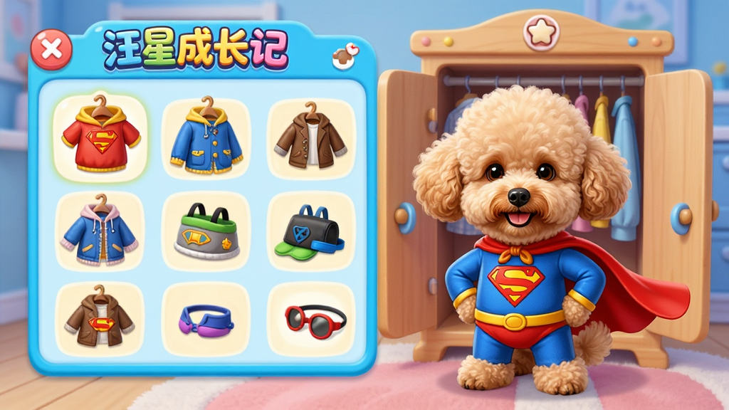 �����ǳɳ��ǡ�����װ��ϵͳ��չʾԤ��ͼ��������һֻ̩��Ȯ���ų��˷������ź�ɫ�����Ա����¹���棬չʾ�Ÿ��ַ��κ�����ͼ�꣬����UI��ƿɰ���ɫ���ͷף���ͨ���ϸ�ڷḻ�������������޶���Ԫ��