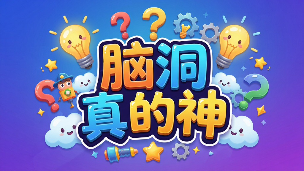 一张色彩鲜艳、充满创意元素的游戏主视觉图,主体是游戏名称“脑洞真的神”的艺术字,周围环绕着各种奇思妙想的道具和符号,如灯泡、问号、齿轮、云朵和星星,布局以中心对称展开,背景是渐变蓝紫色,风格卡通活泼,细节丰富,画质高清,干净无多余元素。