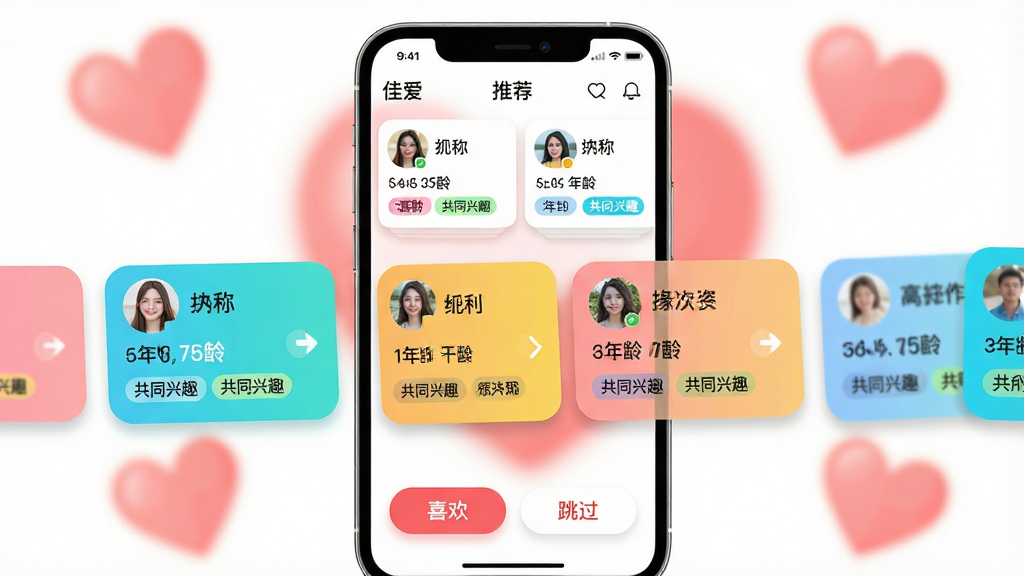 ���壺�ֻ�����չʾ���Ѱ�����Ե���Ƽ�ҳ�棬�Ϸ��ж���û����Ͽ�Ƭ����Ƭ����ʾͷ���ǳơ�����͹�ͬ��Ȥ��ǩ�����֣���Ƭ�������У��ɻ����л����ײ��С�ϲ�����͡�������������ť���Ű棺��Ƭʽ��ƣ�Բ����Ӱ���������򣻷���ִ���Լ��ɫ�����죻ϸ�ڣ�������ģ���İ���ͼ���������������������ʣ����壬�ɾ����޶���Ԫ��
