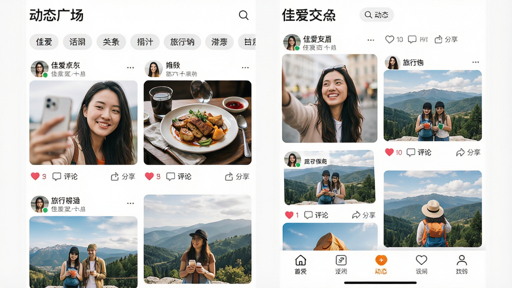 ���壺�Ѱ�������������չʾ����̬�㳡��ҳ�棬���û�������ͼ�Ķ�̬���������ġ���ʳ��������Ƭ�ȣ����֣��ٲ���ʽ˫�в��֣������л����ǩ�����Ű棺���ʱ�У�ͼƬ����ͳһ������������ʵ��ǿ��ϸ�ڣ���̬�·��е��ޡ����ۡ�ת��ͼ�꣬�ײ���������������̬��ͼ�ꣻ���ʣ����壬�ɾ����޶���Ԫ��