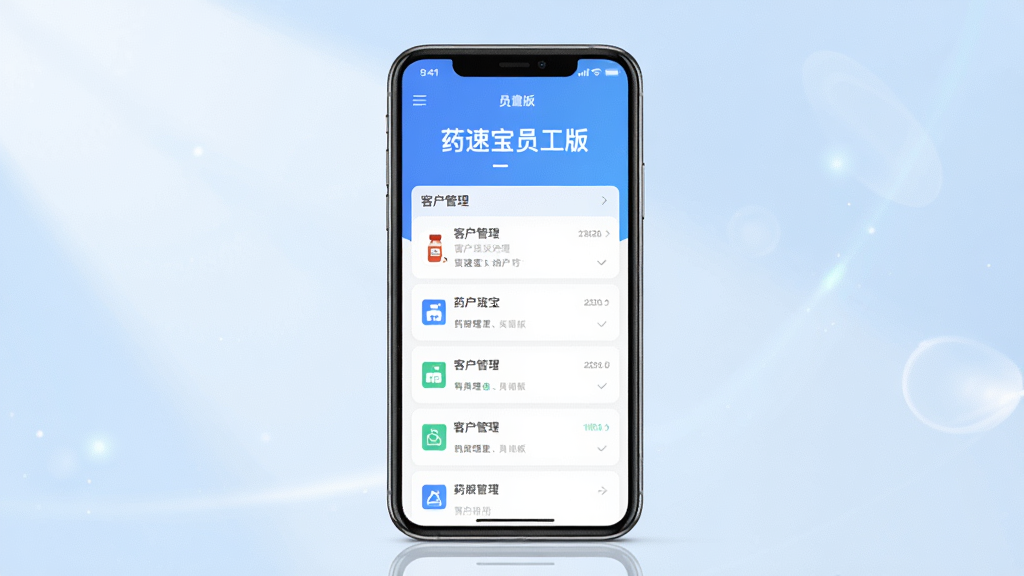 画面主体为药速宝员工版手机应用界面展示,一部智能手机屏幕居中,屏幕上清晰显示“药速宝员工版”字样及简洁的客户管理列表布局,背景为淡蓝色渐变,配以柔和的光影效果,整体风格现代商务,干净整洁,高画质,无多余元素