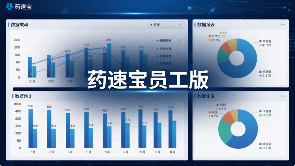 画面主体为药速宝员工版数据报表页面,包含柱状图与饼图,背景为深蓝色科技感渐变,中央有“药速宝员工版”字样,布局专业,风格商务,细节清晰,画质干净,无多余元素