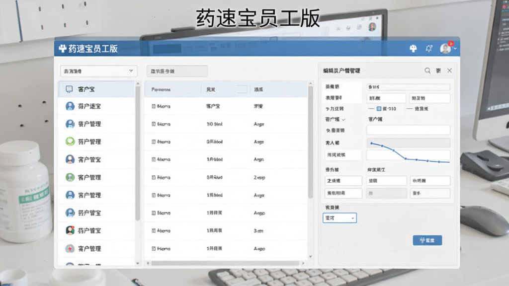 画面主体为药速宝员工版客户管理界面截图,左侧显示客户列表,右侧为编辑表单,背景为浅灰色工作台,上方有药速宝员工版字样,布局清晰,风格简洁商务,细节丰富,画质干净,无多余元素