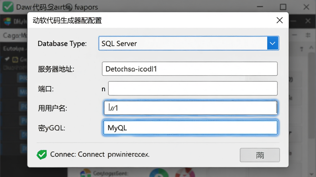 ���壺�������������������ݿ��������ô��ڣ���ʾSQL Server��MySQLѡ����֣����е������Ϸ�Ϊ���ݿ������������·�Ϊ��������ַ���˿ڡ��û���������������Ű棺�������룬��ǩ��������񣺼������磬ǳ�ұ�����ϸ�ڣ����ӳɹ���ʾ��ɫ�Թ������������ɫ�߿���������ʣ��߷ֱ��ʣ��ɾ����ࡣ