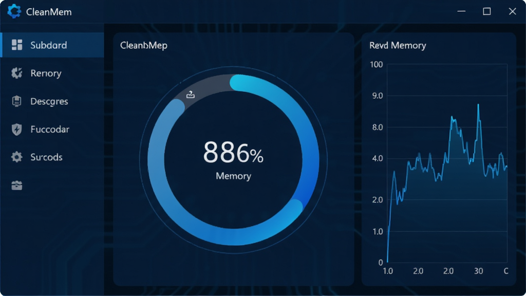 CleanMem �������ͼ��չʾ�����Ǳ��̷��������ʾ��ǰ�ڴ�ʹ���ʻ���ͼ�����Ϊ���ܵ��������Ҳ�Ϊʵʱ�ڴ�����ͼ�������������ɫ�Ƽ�����ɫ�����沼�����������ֱ�ע