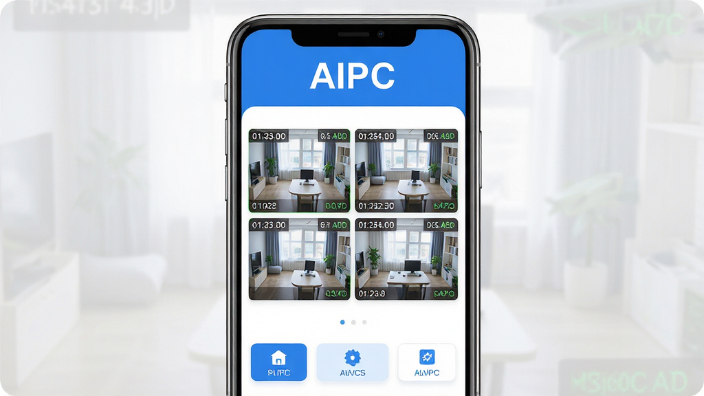 ���壺AIPC����������չʾ�������ֻ��ϣ���Ļ����ʾ�����ػ������񣬻����������������֣��ֻ����У�����Ϊǳ��ɫ���䣬���涥���С�AIPC���������·�����4��ʵʱ�������ͼ���ײ��й��ܰ�ť���Ű棺�ֻ���Ļռ����60%����Χ���ף�ͻ������ϸ�ڡ�����ִ��Ƽ��У���ƽ����ƣ�ɫ��������Ϊ�����ɾ����ࡣϸ�ڣ�ÿ����ػ�������ʾʱ����������ȱ�ǩ������ͼ�꾫�£��޶���Ԫ�ء����ʣ����壬��Ⱦϸ�壬���߾��ȣ�����㡣