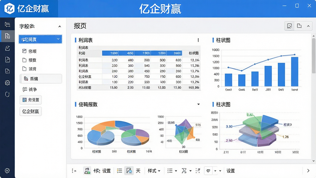 主体:“亿企财赢”自定义报表编辑界面,展示多种图表类型。布局:左侧为字段拖拽区,右侧为报表预览区,底部为样式设置栏。排版:模块化设计,功能按钮排列有序。风格:简洁办公风,白色背景,蓝色点缀。细节:屏幕中出现“亿企财赢”标题,以及“利润表”、“柱状图”等文字,图表样式多样。画质:高清,干净,无多余元素。
