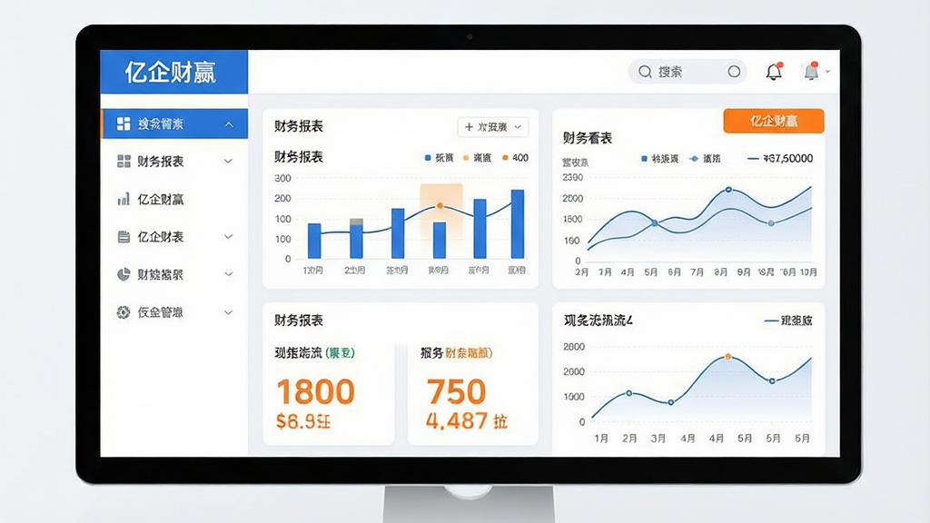 主体:一款名为“亿企财赢”的财务管理软件界面展示,界面风格现代简约。布局:左侧为功能导航栏,右侧为数据看板,展示营收图表与现金流曲线。排版:清晰的分栏设计,顶部为搜索与通知图标,中间为关键财务指标卡片。风格:扁平化设计,主色调为蓝色与白色,辅以橙色高亮按钮。细节:屏幕中显示“亿企财赢”字样与“财务报表”等文字,图表数据清晰可辨。画质:高清渲染,干净,无多余元素。