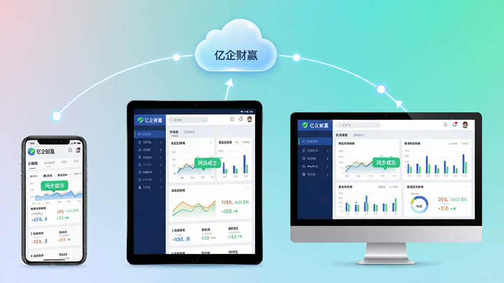 主体:展示“亿企财赢”在手机、平板、电脑三端同步使用的场景。布局:三台设备并排,屏幕中显示相同的数据看板,并有云朵图标连接。排版:设备等距排列,背景为简洁的渐变底色。风格:现代科技风,色彩明亮,突出连通性。细节:每台设备屏幕均可看到“亿企财赢”界面,数据图表一致,有“同步成功”提示。画质:清晰锐利,画面干净,无多余元素。