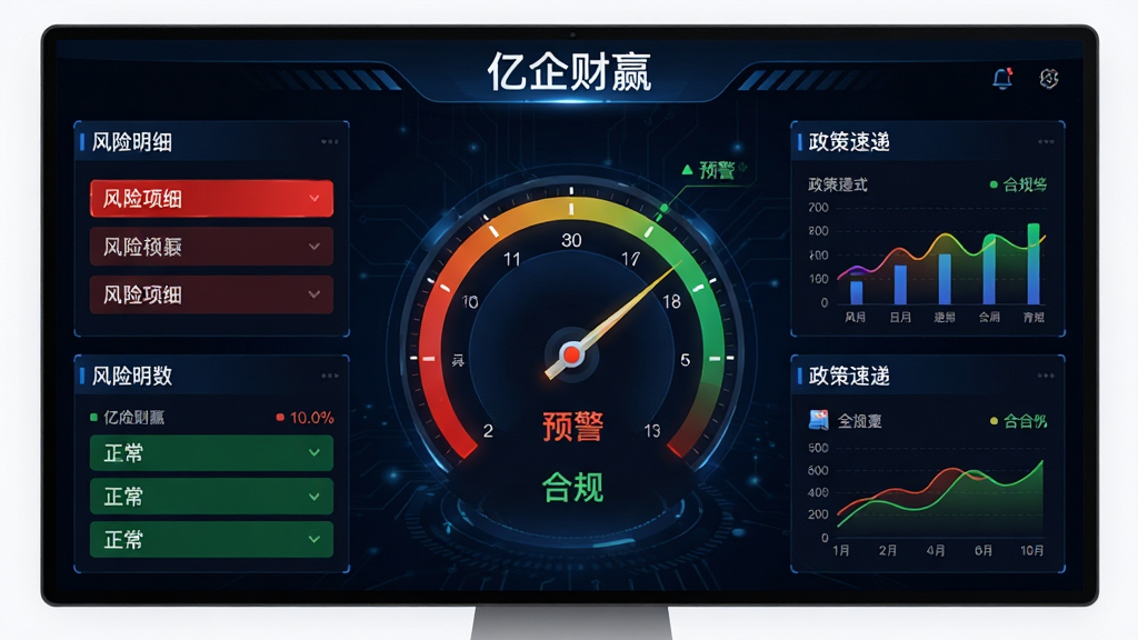 主体:“亿企财赢”税务风险预警界面,以仪表盘形式呈现。布局:中央为风险指数表盘,周围分布多个功能模块,如“风险明细”、“政策速递”。排版:信息层级分明,风险项用红色高亮,正常项为绿色。风格:科技感与现代感结合,深色背景搭配彩色数据可视化。细节:屏幕显示“亿企财赢”名称,以及“预警”、“合规”等关键词,数据图表动态展示。画质:高分辨率,细节丰富,干净无多余元素。