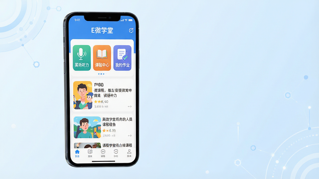���壺һ��������Ļ�������ֻ�����Ļ��������ʾ��E΢ѧ�á�APP����ҳ���棬���������ɫ����ͼ��Ϳγ��б������֣��ֻ�λ�ڻ�������ƫ���Ҳ����ף�����Ϊ����ɫ���䣬Ӫ��Ƽ��������Χ���Ű棺�ֻ���Ļ�ڵĽ����η����������������������ײ������������ɼ�������ִ���ƽ���廭���ɫ�����죬ϸ�ڷḻ��ϸ�ڣ���Ļ��չʾ��Ӣ�������������γ����ġ������ҵ���ҵ����ģ��ͼ�꣬�����С�E΢ѧ�á����ֱ�ʶ�����ʣ����壬�ɾ����޶���Ԫ�ء�