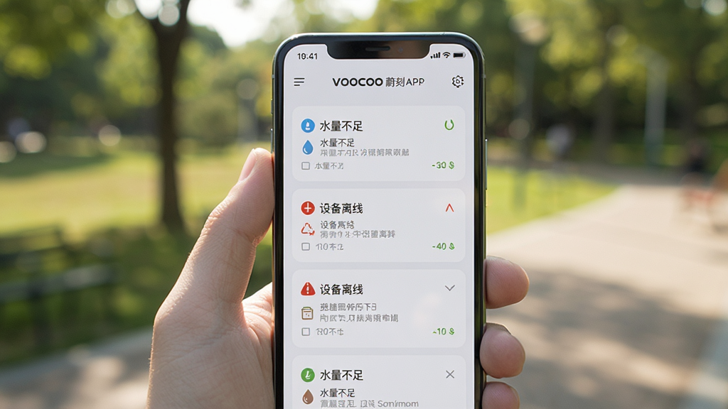һֻ�������ֻ�����Ļ��ʾVOOCOOε��APP������֪ͨ�б����С�ˮ�����㡱���豸���ߡ��ȿ�Ƭʽ֪ͨ�������ǻ��⹫԰ģ����ɫ���������ģ��ֻ���Ļ���������ɱ棬�����Ȼ��ʵ��ϸ�ڷḻ�����ʸ��壬�ɾ����޶���Ԫ��