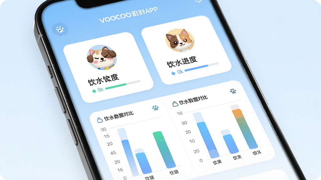 �ֻ���Ļ��ʾVOOCOOε��APP�Ķ�������ҳ�棬ҳ���Ϸ�����ֻ����ͷ��Ƭ���ֱ��ע���ֺ���ˮ���ȣ��·��Ǹ��Զ�������ˮ���ݶԱ���״ͼ�������ǵ���ɫ���䣬����ƽ���£�ϸ�ھ��£����ʸ��壬�ɾ����޶���Ԫ��