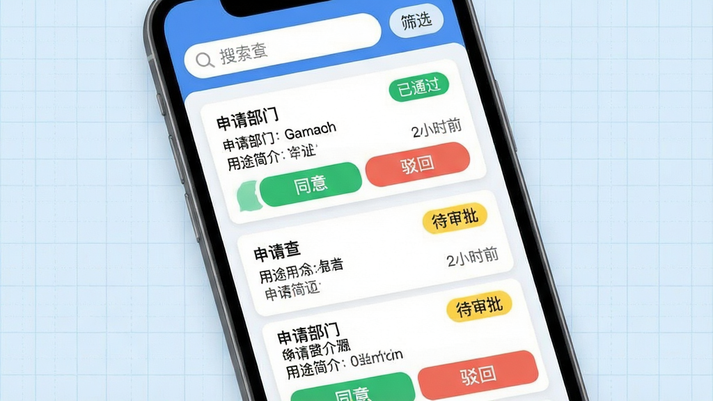 画面主体为智能手机界面展示“印查查”的审批流程列表,多个审批卡片纵向排列,带有绿色“已通过”与黄色“待审批”状态标签。布局为上下滚动式排版,顶部为搜索栏与筛选按钮。风格为扁平化清新设计,背景搭配浅蓝色网格纹理。细节上,每张卡片显示申请部门、用途简介与时间,底部弹出“同意”与“驳回”按钮,画质锐利清晰,干净无多余元素。