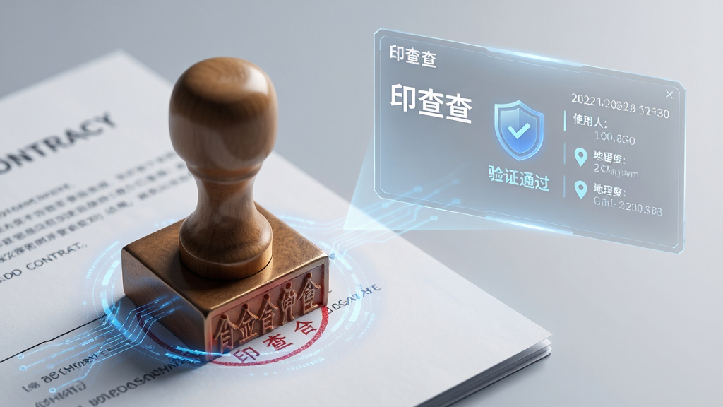 画面主体为印章盖在合同文件上的特写,旁边悬浮着一个半透明的全息投影界面,显示“印查查”字样与“验证通过”的盾牌图标。布局为对角线构图,文件位于左下角,投影界面位于右上角。排版风格为科技感UI设计,蓝色数据流线条环绕印章,背景为浅灰色渐变。细节上,投影界面内包含时间戳、使用人信息与地理定位,画面光影层次分明。画质为超高清商业广告风格,干净无多余元素。