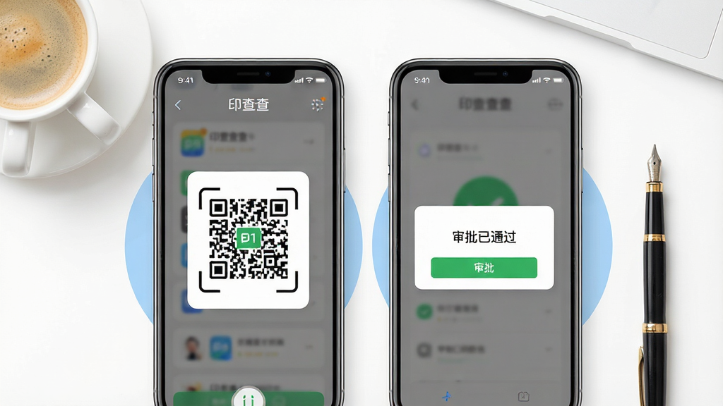 画面主体为两部手机并排摆放,左侧手机显示“印查查”的扫码界面,右侧手机显示“审批已通过”的弹窗。布局为对称式构图,背景为纯白色工作台,放置有一杯咖啡与一支钢笔。排版风格为清爽的浅灰色调,带有淡蓝色圆形阴影。细节上,屏幕内容清晰可见,右侧手机顶部状态栏显示时间为下午三点,画面整体明亮干净,无多余元素。