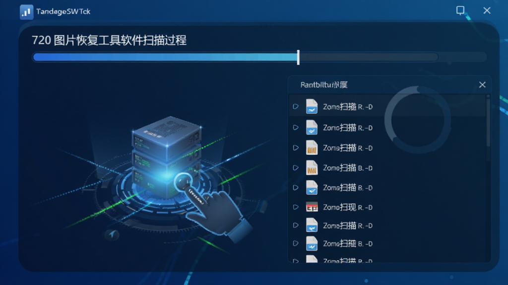 720图片恢复工具软件扫描过程动画示意图,界面显示进度条与实时发现的文件列表,背景为科技感蓝色渐变,突出深度扫描技术,排版清晰,风格现代,画质干净