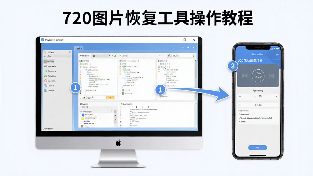 720图片恢复工具操作教程示意图,画面展示电脑端软件主窗口与移动端连接界面,配以步骤序号标注,风格简洁明了,画质高清,排版有序