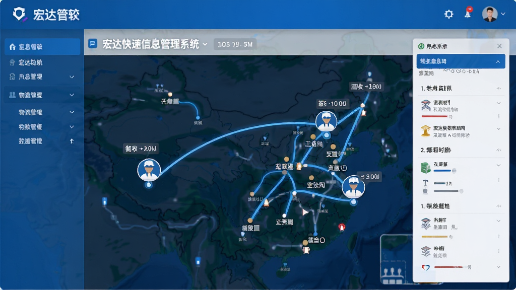 宏达快递信息管理系统物流轨迹时间轴页面,地图上显示包裹途经城市连线,节点处有快递员图标和签收时间,界面以蓝色为主,信息层级分明,画质清晰,无多余文字