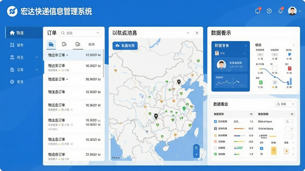 宏达快递信息管理系统主界面截图,展示物流订单列表、轨迹地图、数据看板三大核心区域,现代扁平化设计风格,蓝色主色调搭配白色背景,界面布局清晰,图标精致,文字标签“宏达快递信息管理系统”置于左上角,整体画面干净、专业、无多余元素