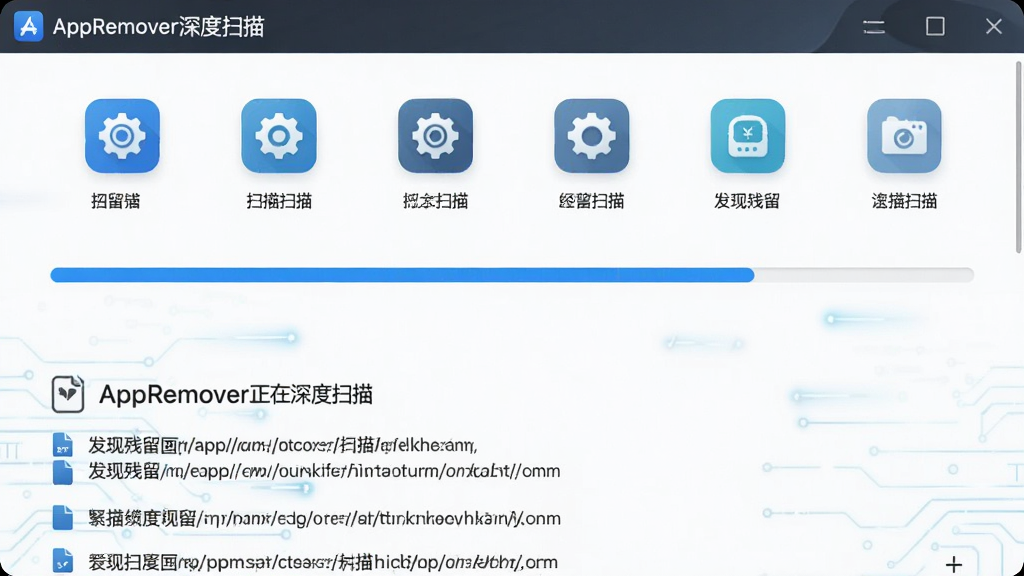 ���壺AppRemover���ɨ����棬���֣�ɨ����������У��Ű棺�Ϸ���ʾɨ�����ͼ�꣬�·�Ϊ�ѷ��ֲ������б�����񣺼��Ƽ��磬ϸ�ڣ�������ʾ��AppRemover�������ɨ�衱���ļ�·���б�����ɫ�����������ʣ��������ɾ����޶���Ԫ��