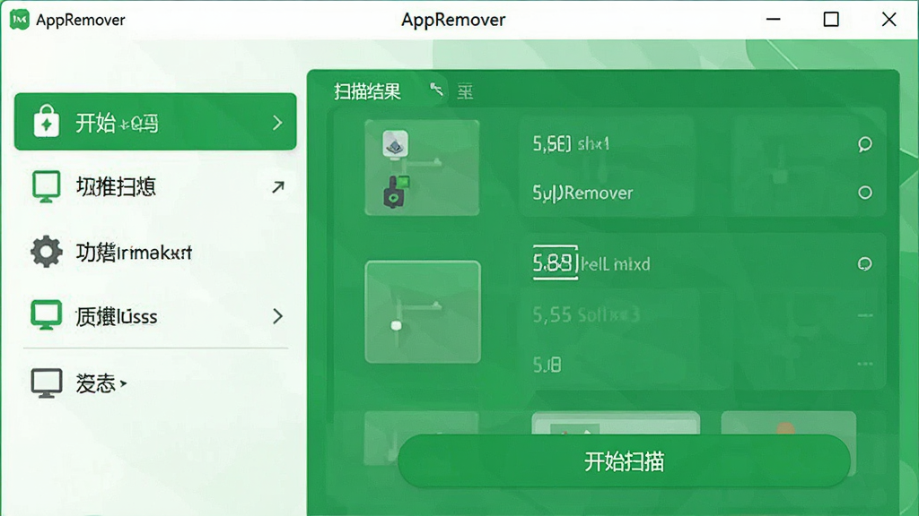 ���壺AppRemover����������չʾ�����֣�������ʾ���Ű棺���Ϊ�����б����Ҳ�Ϊɨ�������򣬷���ִ���ƽ����ƣ�ϸ�ڣ�������С�AppRemover�������͡���ʼɨ�衱��ť����ɫ��ɫ�������ʣ����壬�ɾ����޶���Ԫ��