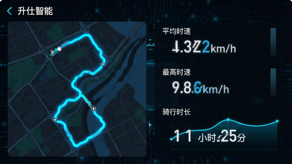 һ�����������ܡ�APP����������ͳ�ƽ��棬����Ϊ��ɫ�Ƽ��磬�����ʾһ�����۵�GPS�켣��ͼ���Ҳ�����״ͼ������ͼչʾ��ƽ��ʱ�� 42km/h���������ʱ�� 98km/h���͡�����ʱ�� 1Сʱ25�֡���ͼ������Ϊ����ɫ����������Ϊ��ɫ����������ţ���Ϣ���ӻ�Ч���ã����ʸɾ����޶���Ԫ�ء�