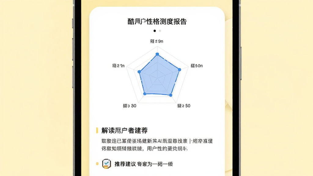 ����APP���Բ��Ա���ҳ�棬�״�ͼչʾ�û��Ը�ά�ȣ��·��������ֽ�����Ƽ����飬ҳ�汳��Ϊ����ɫ�����濨Ƭ����Բ����ƣ��������Լרҵ�����ʸɾ����޶���Ԫ�ء�