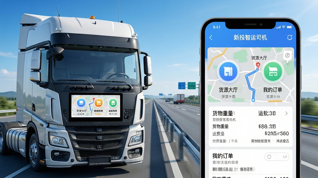 主体:一辆现代重型卡车行驶在开阔的高速公路上,驾驶室内中控台屏幕清晰显示“新投智运司机”APP界面,界面风格简洁明亮。布局:画面左侧为卡车侧前方视角,右侧留白处叠加APP界面放大图。排版:APP界面突出“货源大厅”和“我的订单”两个核心功能模块,图标圆润。风格:写实与科技感结合,色彩明亮,天空湛蓝,公路延伸至远方。细节:卡车车身干净,APP界面内包含地图路线、货物重量、运费金额等文字信息,需清晰标注“新投智运司机”字样。画质:8K超清,细节丰富,画面干净,无多余元素。