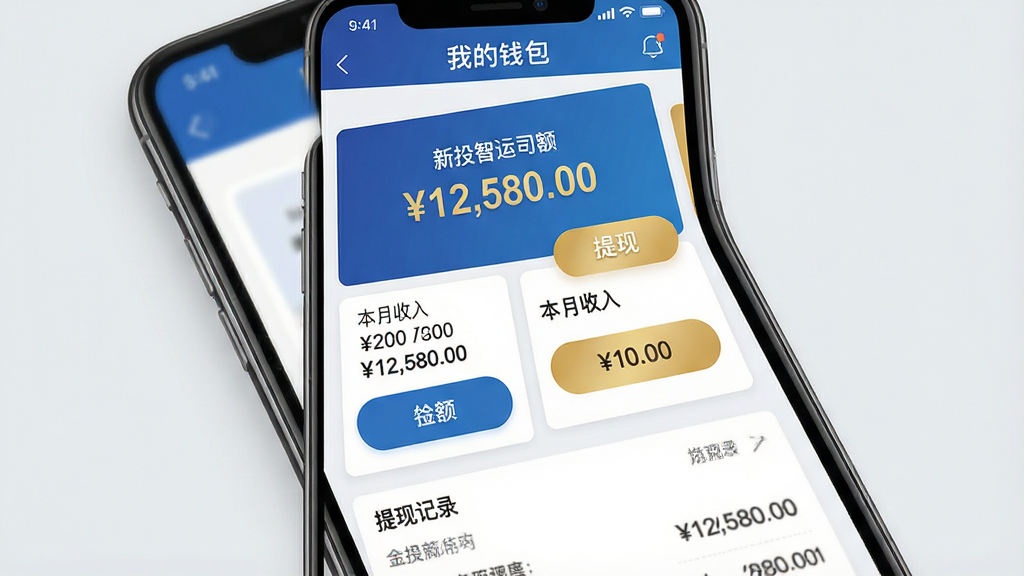 主体:一张放大的手机截图,显示“新投智运司机”APP的“我的钱包”页面,页面包含“可提现余额”、“本月收入”、“提现记录”等模块。布局:手机截图居中,背景为浅灰色,突出截图内容。排版:钱包页面采用卡片式布局,最上方是醒目的余额数字,下方是功能按钮。风格:金融级UI设计,蓝色主调,金色点缀,体现安全与价值感。细节:页面中清晰显示“新投智运司机”字样,余额数字为“¥12,580.00”,并有一个“提现”按钮。画质:高分辨率,界面元素边缘锐利,背景干净,无多余元素。