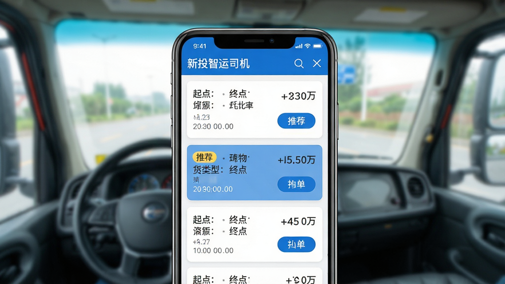 主体:一部智能手机屏幕特写,屏幕显示“新投智运司机”APP的货源列表界面,列表项包含起点、终点、货物类型、运费金额。布局:手机位于画面中央,背景为虚化的驾驶室场景。排版:货源列表清晰排列,每个卡片上都有醒目的“抢单”按钮。风格:界面扁平化设计,色彩以蓝色和白色为主,简洁明快。细节:屏幕左上角显示“新投智运司机”字样,列表中有几条货源信息,其中一条高亮显示,并标注“推荐”标签。画质:高清,屏幕无反光,细节清晰,背景干净,无多余元素。