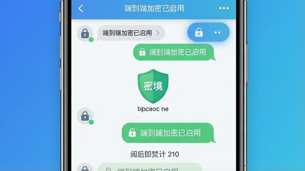 主体:一部智能手机屏幕显示密境聊天界面,界面风格简洁现代,中央有绿色盾牌图标与