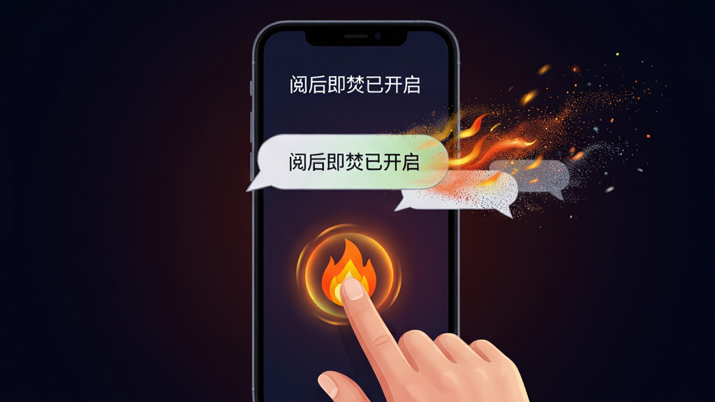 主体:一只手点击手机屏幕上的火焰图标,消息气泡逐渐消散。布局:手机居中,背景为暗色渐变,突出火焰动态效果。排版:屏幕内显示