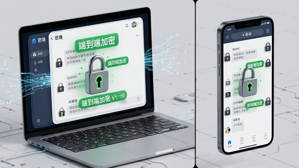 主体:一个打开的笔记本电脑与手机屏幕展示密境应用界面,显示聊天记录被锁头图标包围。布局:左右分屏,左侧电脑右侧手机,背景为浅灰色科技网格。排版:界面中突出显示