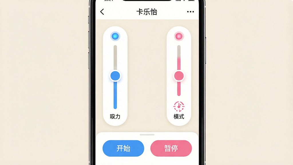 主体:手机APP显示双泵独立控制界面,左右两侧各有吸力滑块与模式图标;布局:界面居中,四周留白,下方有开始/暂停按钮;排版:对称式设计,信息清晰;风格:清新简约母婴风格;细节:界面标注“卡乐怡”字样,左右泵状态灯一蓝一粉,背景浅米色;画质:高分辨率,干净,无多余元素