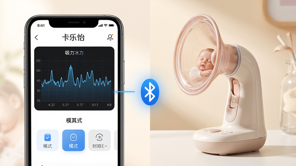 主体:卡乐怡软件界面与智能吸奶器设备并排展示,界面显示吸力波形图与模式选择按钮;布局:左侧为手机APP界面特写,右侧为吸奶器产品实物,中间有蓝牙连接示意线;排版:左右分屏,干净平衡;风格:现代科技感与温馨母婴风结合;细节:APP界面清晰标注“卡乐怡”LOGO,吸奶器材质细腻,背景柔光;画质:4K高清,干净,无多余元素