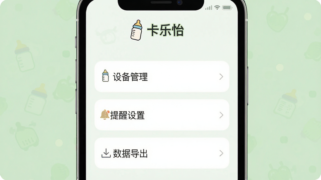 主体:手机屏幕显示卡乐怡APP设置页面,页面有“设备管理”“提醒设置”“数据导出”等选项;布局:手机竖屏居中,背景为淡绿色;排版:简洁列表式;风格:清爽扁平化;细节:界面文字清晰可见,顶部有“卡乐怡”字样,配一个奶瓶小图标;画质:高清,干净,无多余元素