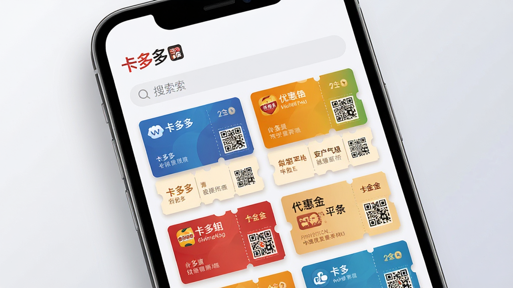 画面主体为一部智能手机屏幕特写,屏幕中央显示卡多多APP的主界面,界面布局清晰,顶部是“卡多多”品牌Logo与搜索栏,下方以卡片形式整齐排列着各种颜色的会员卡、优惠券和代金券,每张卡片上印有商家名称与二维码图案。整体排版采用简洁的列表式布局,背景为柔和的浅灰色渐变,风格现代简约,突出APP的实用与整洁感。画面细节丰富,卡片边缘有细微阴影,画质高清干净,无多余元素。