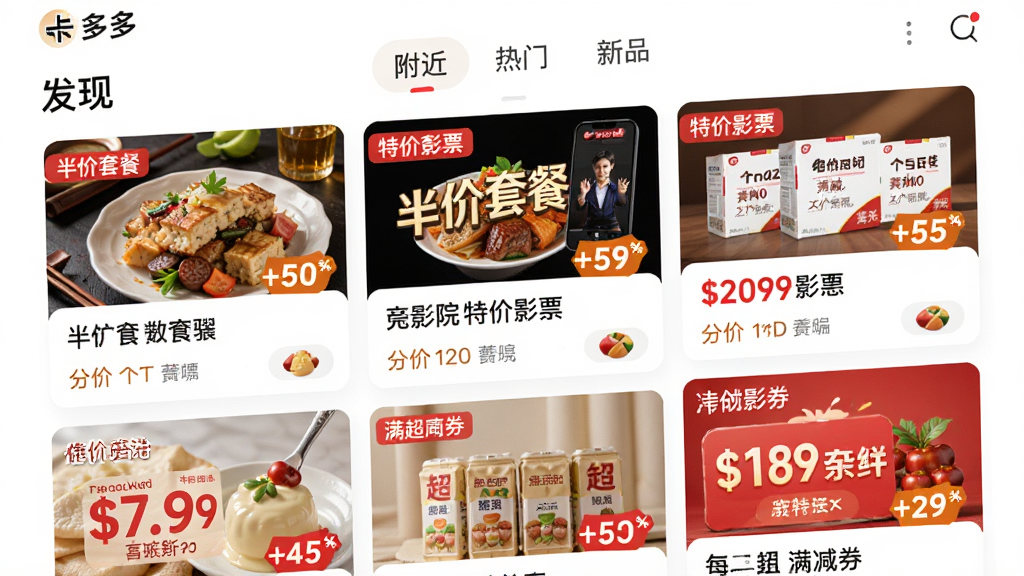 画面主体为卡多多APP的“发现”页面,页面采用瀑布流布局,展示着各种商家的优惠卡片,包括餐饮店的半价套餐、电影院的特价影票、商超的满减券等,每个卡片都配有精美的商品图和醒目的折扣标签。页面顶部有“附近”、“热门”、“新品”等分类标签栏。整体排版信息丰富但井然有序,风格活泼明快,色彩鲜艳,细节上突出折扣力度的数字显示,画质高清,无多余元素。