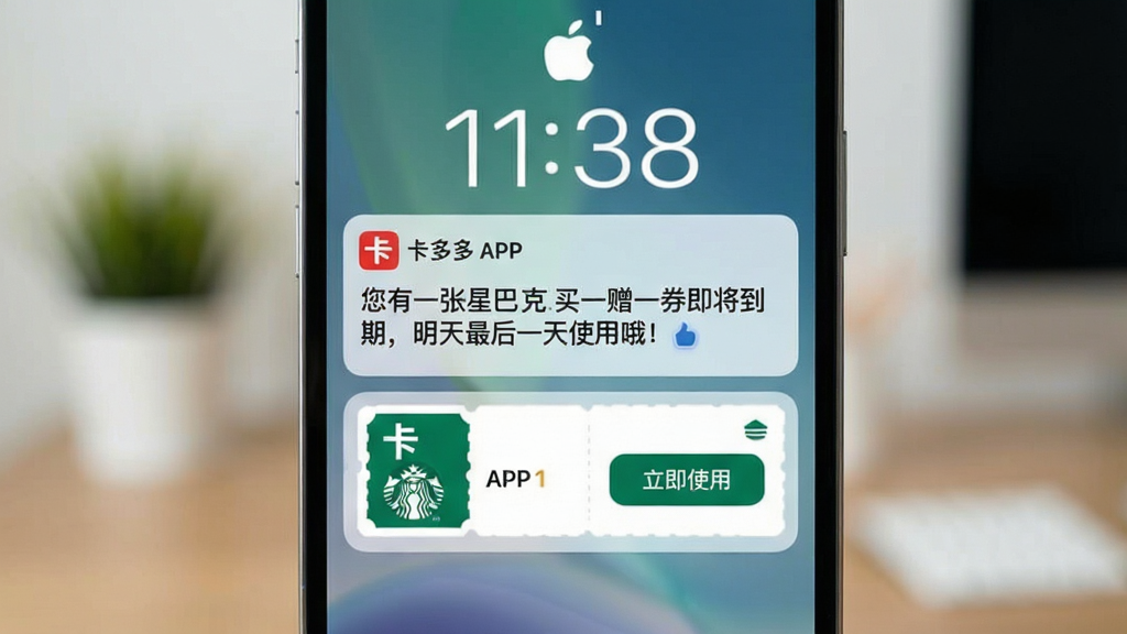 画面主体为手机锁屏界面,屏幕上显示一条来自“卡多多”APP的通知横幅,内容为“您有一张星巴克买一赠一券即将到期,明天最后一天使用哦!”,横幅下方是卡券的缩略图与“立即使用”按钮。布局以手机界面为主体,背景虚化处理,突出通知内容。排版简洁清晰,风格清爽明亮,细节上注重文字的易读性与按钮的视觉引导性,画质干净,无多余元素。