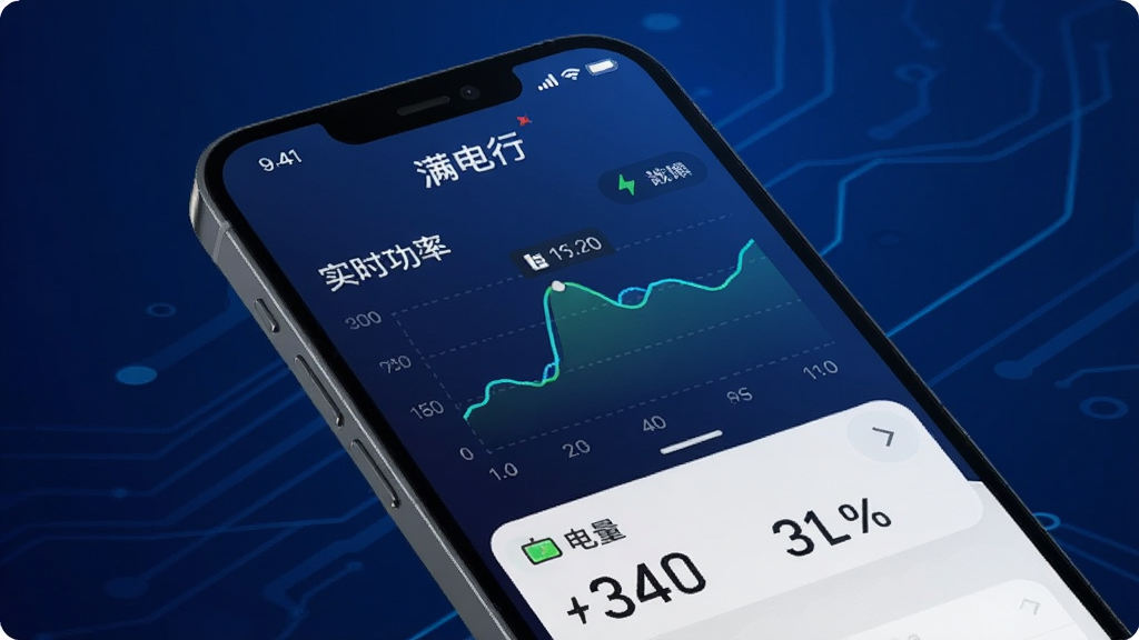 画面主体为手机APP充电监控界面,显示实时功率曲线与电池电量百分比,背景为深蓝科技感渐变,界面内有“满电行”品牌标识,布局简洁明了,风格现代数字化,细节展示动态数据图表,画质高清干净,无多余元素