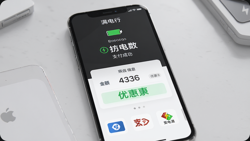 手机屏幕展示满电行支付成功页面,上面显示充电度数、金额及优惠信息,手机下方有支付渠道图标,背景为浅灰商务风格,整体布局规整,风格简洁商务,细节呈现“满电行”字样,画质高清干净,无多余元素