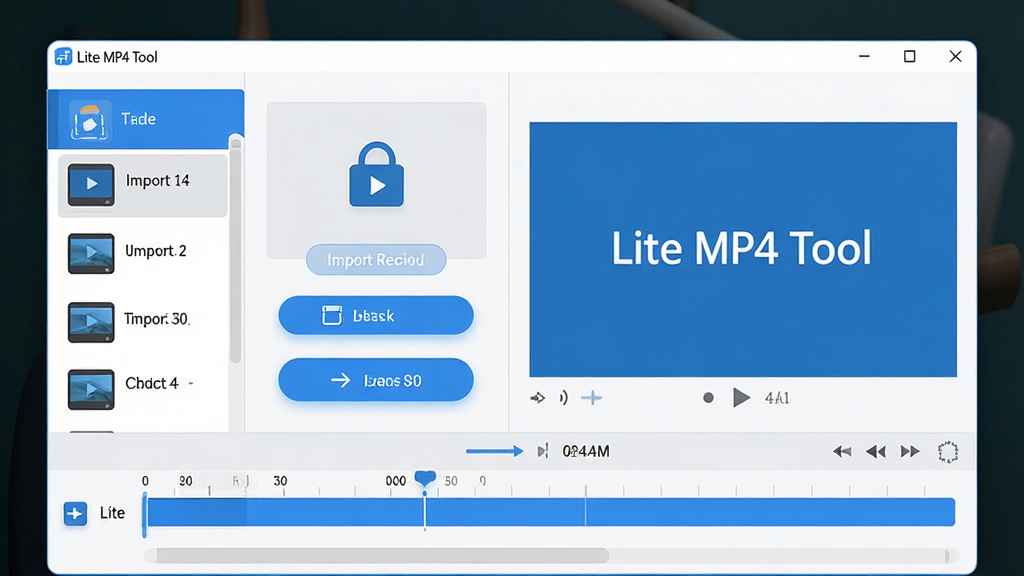 ���壺Lite MP4 Tool���������棬չʾ���ĵ�������͹��ܰ�ť�����֣����Ϊ�ز��б����Ҳ�ΪԤ�����ڣ��·�Ϊ����ʱ���ᡣ�Ű棺����ɾ����룬����ͼ��������ɫ��������Ϊ��������ִ���Լ����ƽ����ơ�ϸ�ڣ����ڱ�Ե�������Ӱ����ť����΢��Ч������Ļ����ʾ��Lite MP4 Tool�����������ʣ�������Ⱦ���ɾ��޶���Ԫ�ء�