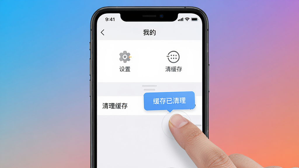 主体为一部智能手机,屏幕显示“爱商州”App的“我的”页面,页面包含设置、清理缓存等功能入口。布局为竖屏截图居中展示,背景为渐变色。排版简洁,风格为移动端UI界面。细节上,手指正点击“清理缓存”选项,屏幕有“缓存已清理”的提示气泡。画质高清,干净,无多余元素。