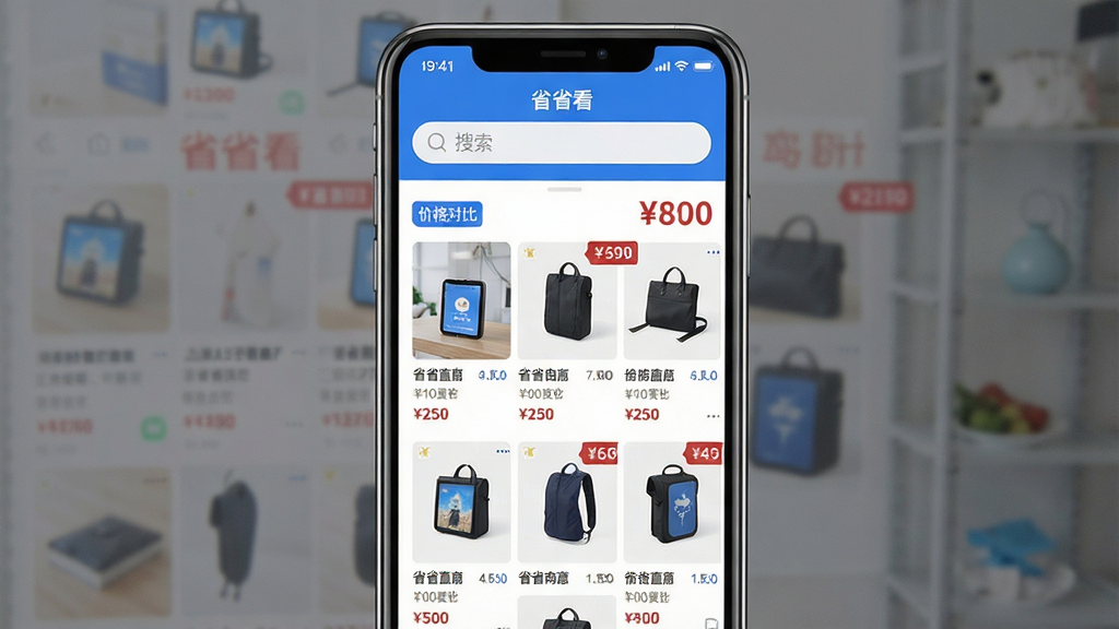 һ��չʾʡʡ��APP���Ľ���ĸ������ͼ������Ϊһ�������ֻ�����Ļ��������ʾ��ʡʡ����Ӧ�ý��棬���沼�ְ����������������в���Ʒ�ٲ�����۸�Աȱ�ǩ�������Ű��࣬����ִ���ƽ��������ɫ�Ͱ�ɫΪ��ɫ����ϸ�ڴ�չʾ��ƷͼƬ����Ŀ�ļ۸��ǩ�����������ɾ����޶���Ԫ��